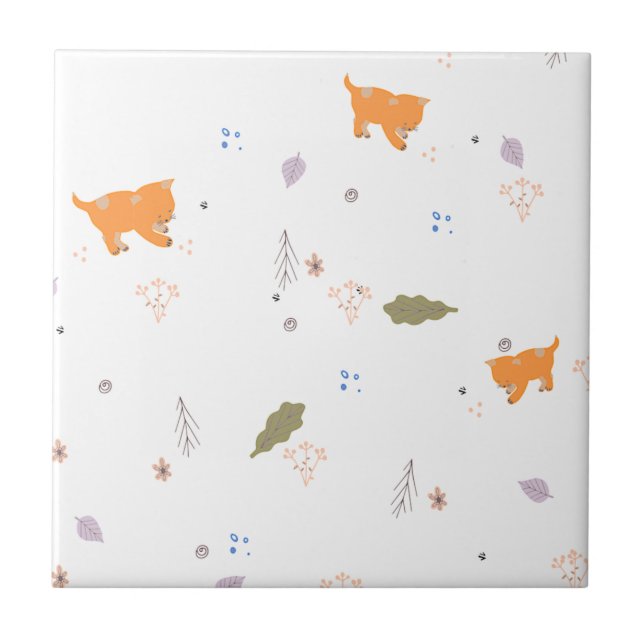Orange Tabby and Leaves Pattern Tile (Front)