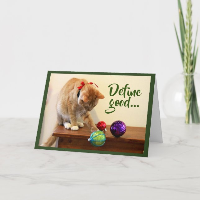 Orange Tabby Cat and Christmas Ornaments Holiday Card (Front)