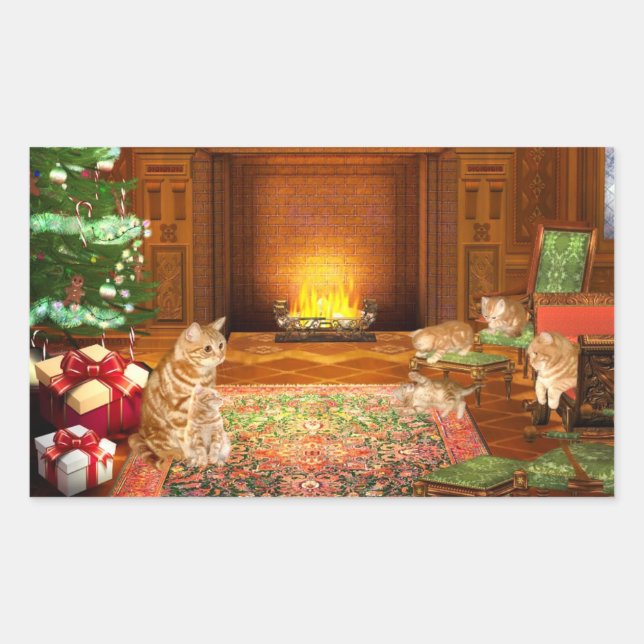 Orange tabby cat Christmas family Rectangular Sticker (Front)