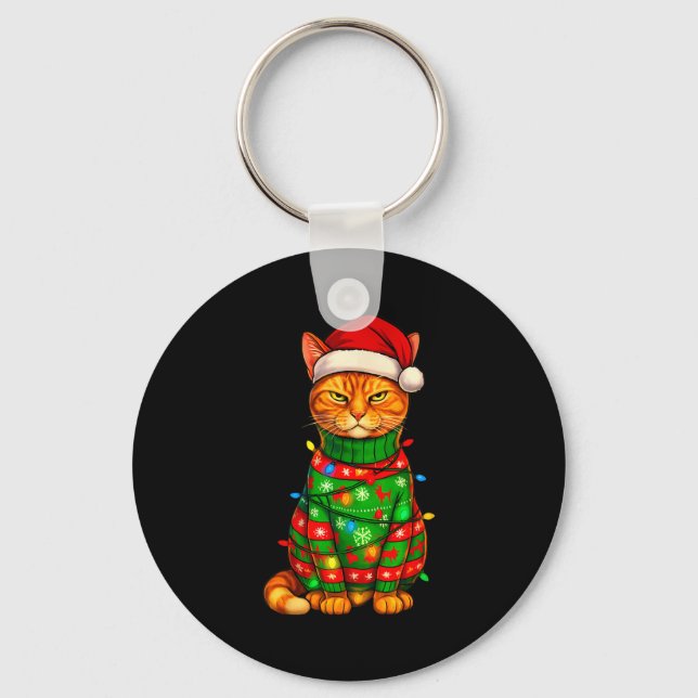 Orange Tabby Cat Christmas Lights Funny Santa Holi Key Ring (Front)