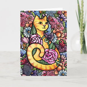 Orange Tabby Cat Flower Garden Card