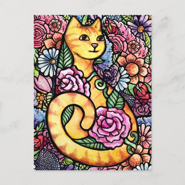 Orange Tabby Cat Flower Garden  Postcard (Front)