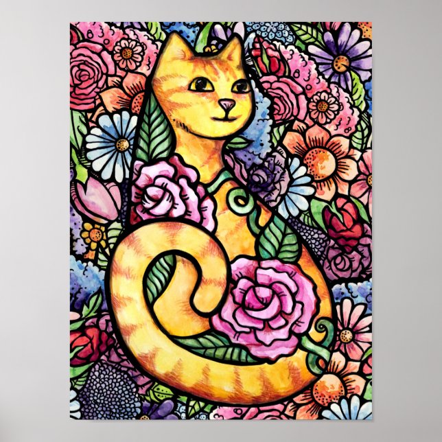 Orange Tabby Cat Flower Garden  Poster (Front)