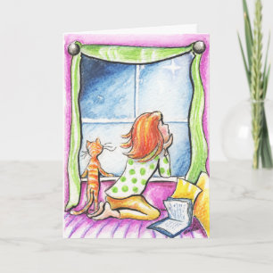 Orange Tabby Cat n Girl Window Christmas Holiday Card