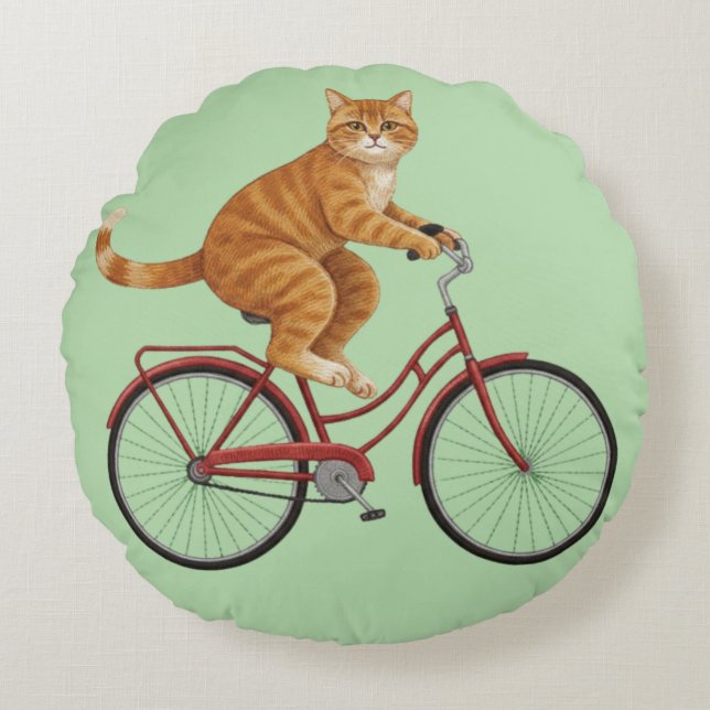 Orange Tabby Cat on a Bicycle  Round Cushion (Front)