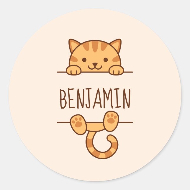 Orange Tabby Cat Peeking behind Custom Name Classic Round Sticker (Front)