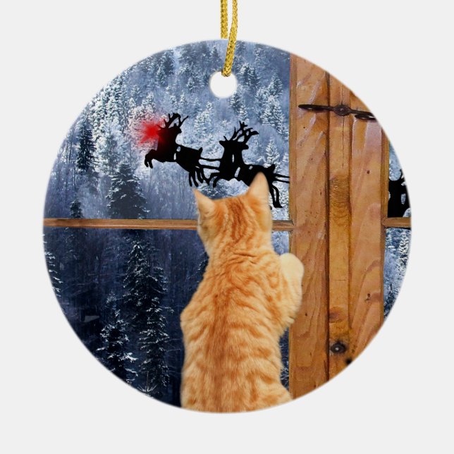 Orange tabby cat red dot Christmas Ceramic Tree Decoration (Front)