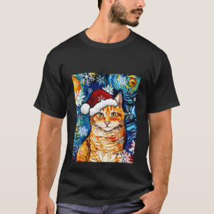 Orange Tabby Cat Santa Starry Night Christmas Art  T-Shirt