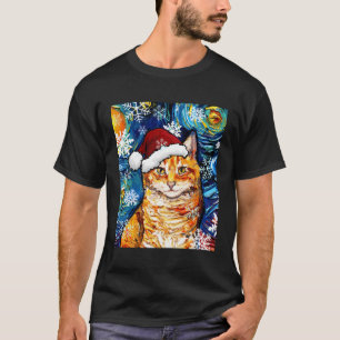 Orange Tabby Cat Santa Starry Night Christmas Art T-Shirt