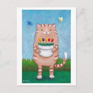 Orange Tabby Cat with Flowers Butterflies Postcard