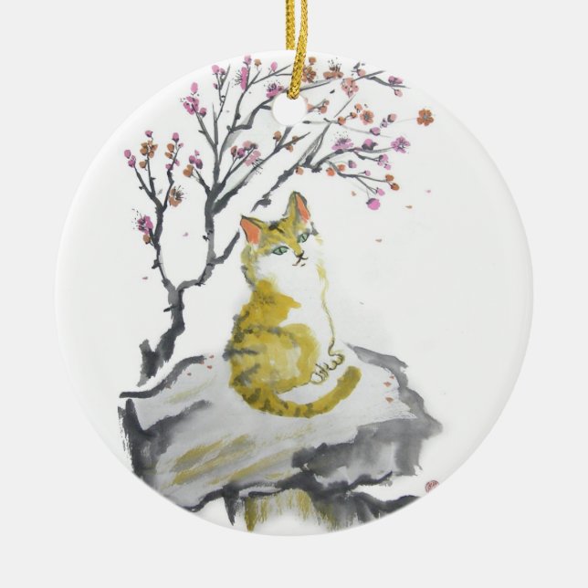 Orange Tabby Cat with Plum Blossoms Ornament (Front)