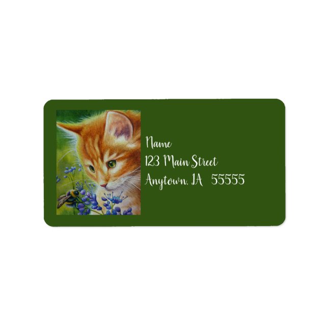 Orange Tabby Kitten & Bumblebee Watercolor Art Label (Front)
