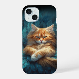 Orange Tabby Kitten in Bed of Blue Feathers iPhone 15 Case