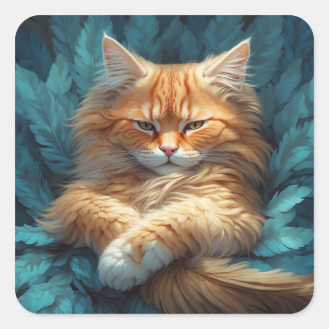 Orange Tabby Kitten in Bed of Blue Feathers Square Sticker (Front)