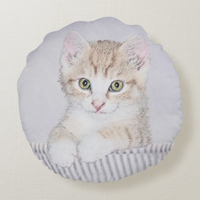 Orange Tabby Kitten Painting - Original Cat Art Round Cushion (Back)