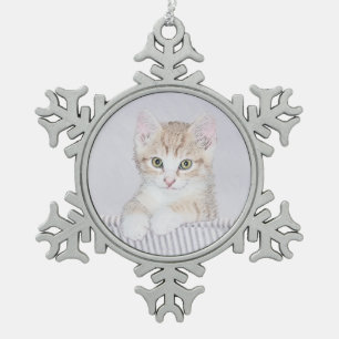 Orange Tabby Kitten Painting - Original Cat Art Snowflake Pewter Christmas Ornament