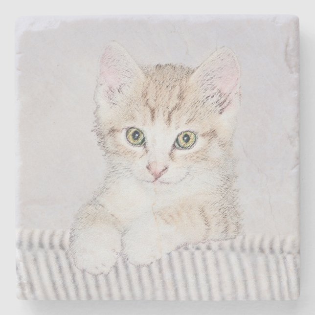 Orange Tabby Kitten Painting - Original Cat Art Stone Coaster (Front)