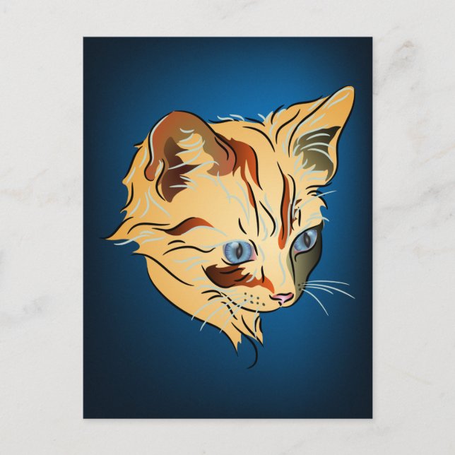 Orange Tabby Kitten with Blue Eyes on Blue Postcard (Front)