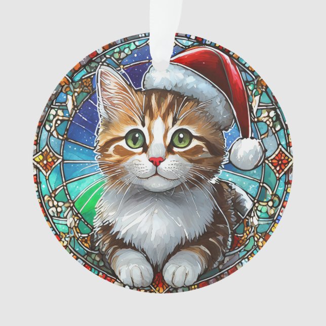 Orange Tabby Kitten with Santa Hat Stained Glass Ornament (Front)
