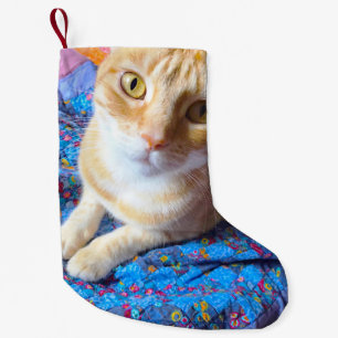 Orange tabby on quilt small christmas stocking