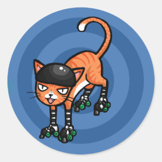Orange tabby on rollerskates classic round sticker