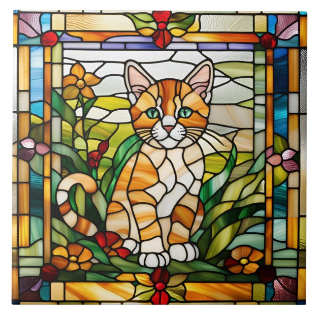 Orange Tabby Stained Glass Decorative Tile (Front)