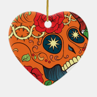 Orange Tattoo Day of Dead Sugar Skull Red Roses Ceramic Tree Decoration