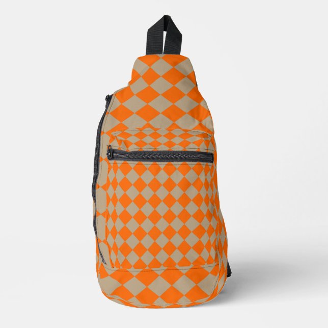 Orange Taupe Checker Diamond Pattern Sling Bag (Front)