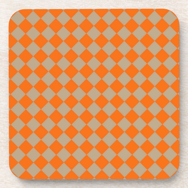 Orange Taupe Chequered Diamond Pattern Coaster (Front)