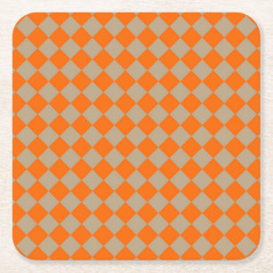 Orange Taupe Chequered Diamond Pattern Square Paper Coaster