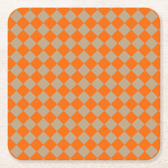 Orange Taupe Chequered Diamond Pattern Square Paper Coaster (Front)