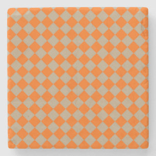 Orange Taupe Chequered Diamond Pattern Stone Coaster