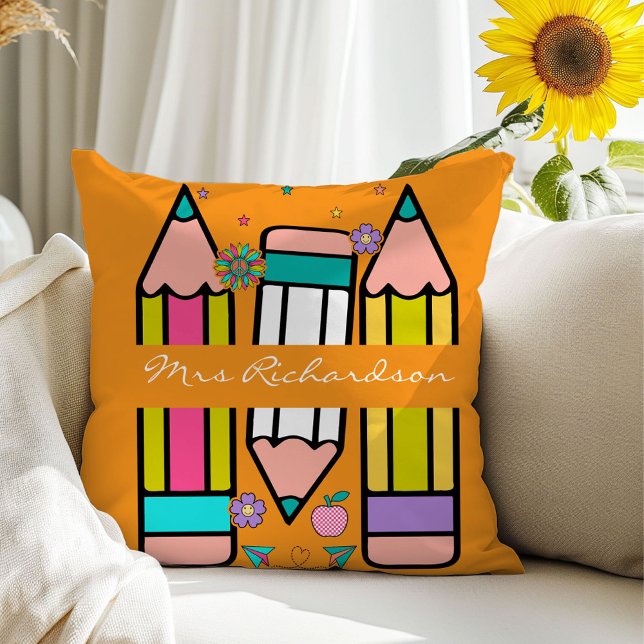 Orange Teacher Colourful Pencil Name Throw Pillow (Creator Uploaded)