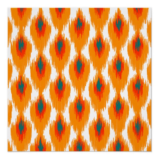 Orange Teal Abstract Tribal Ikat Diamond Pattern Poster (Front)
