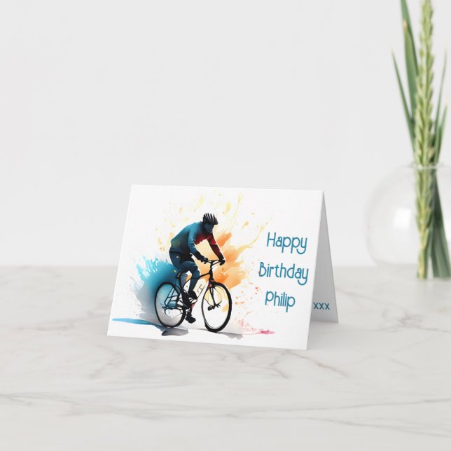 orange, teal and black cyclist Birthday Card (Front)