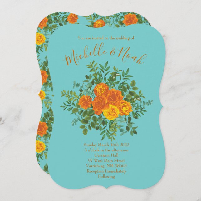 Orange & Teal Aqua Peony & Rose Floral Wedding Invitation (Front/Back)