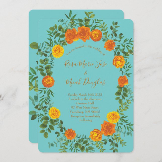 Orange Teal Aqua Peony Rose Floral Wedding Invitation (Front/Back)