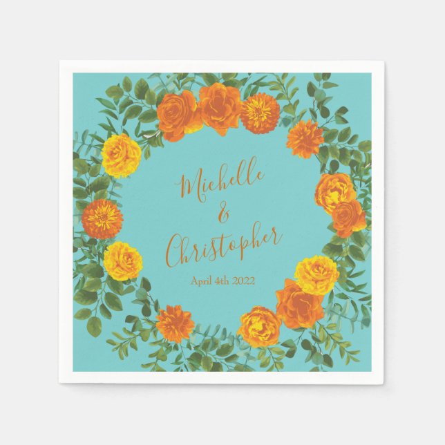 Orange Teal Aqua Peony & Rose Floral Wedding Napkin (Front)