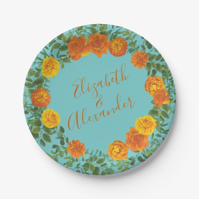 Orange Teal Aqua Peony & Rose Floral Wedding Paper Plate (Front)