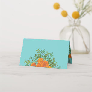 Orange & Teal Aqua Peony & Rose Floral Wedding Place Card