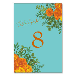 Orange & Teal Aqua Peony & Rose Floral Wedding Table Number