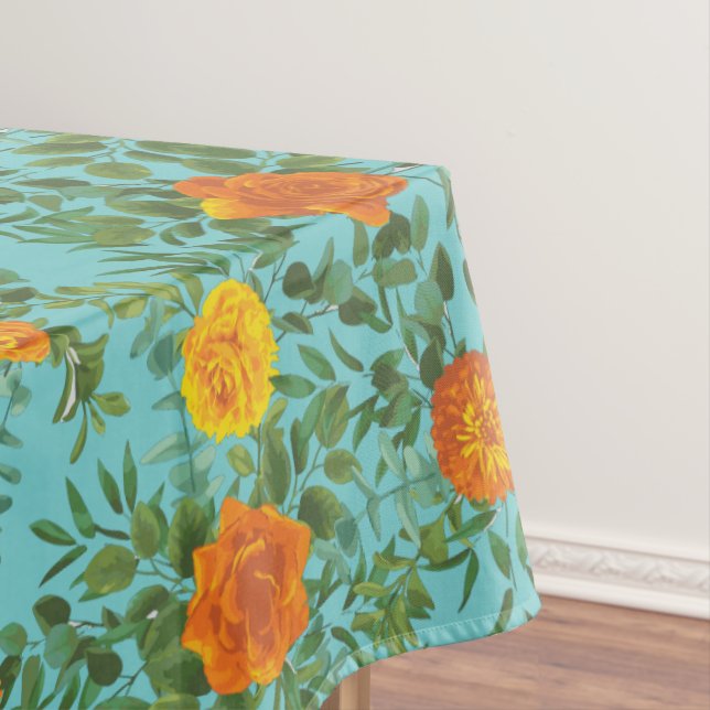 Orange & Teal Aqua Peony Rose Floral Wedding Tablecloth (In Situ)