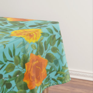 Orange & Teal Aqua Peony Rose Floral Wedding Tablecloth