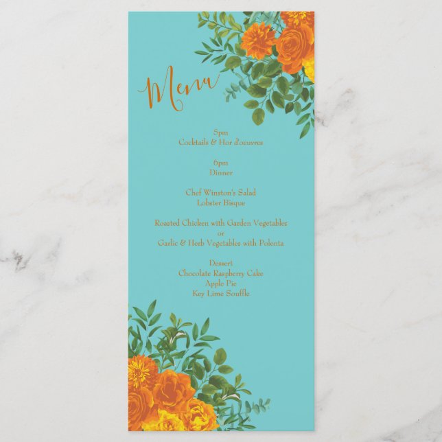Orange & Teal Aqua Peony & Rose Wedding Menu (Front)