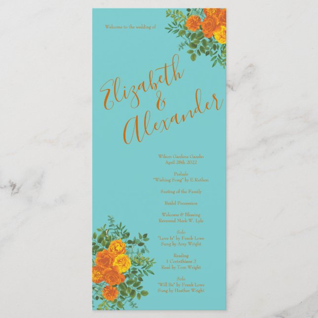 Orange Teal Aqua Peony Rose Wedding Programs Menu (Front)