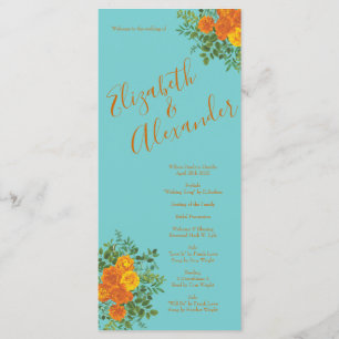 Orange Teal Aqua Peony Rose Wedding Programs Menu