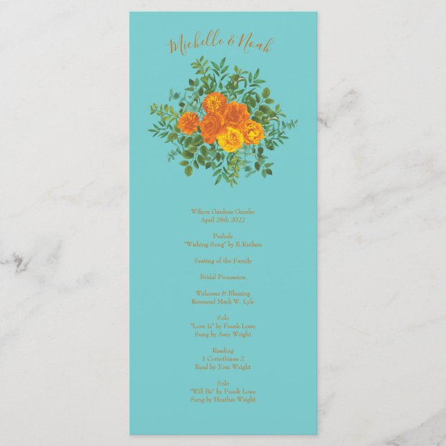 Orange Teal Aqua Peony Rose Wedding Programs Menu (Front)