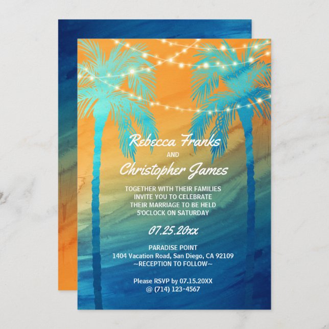 Orange Teal Blue Tropical Wedding Invitations (Front/Back)