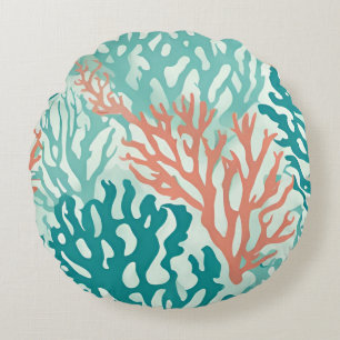 Orange Teal Coral Reef Sealife Beachy Nautical  Round Cushion