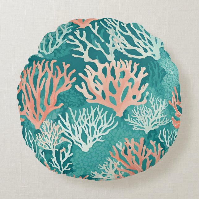 Orange Teal Coral Reef Sealife Beachy Ocean  Round Cushion (Front)